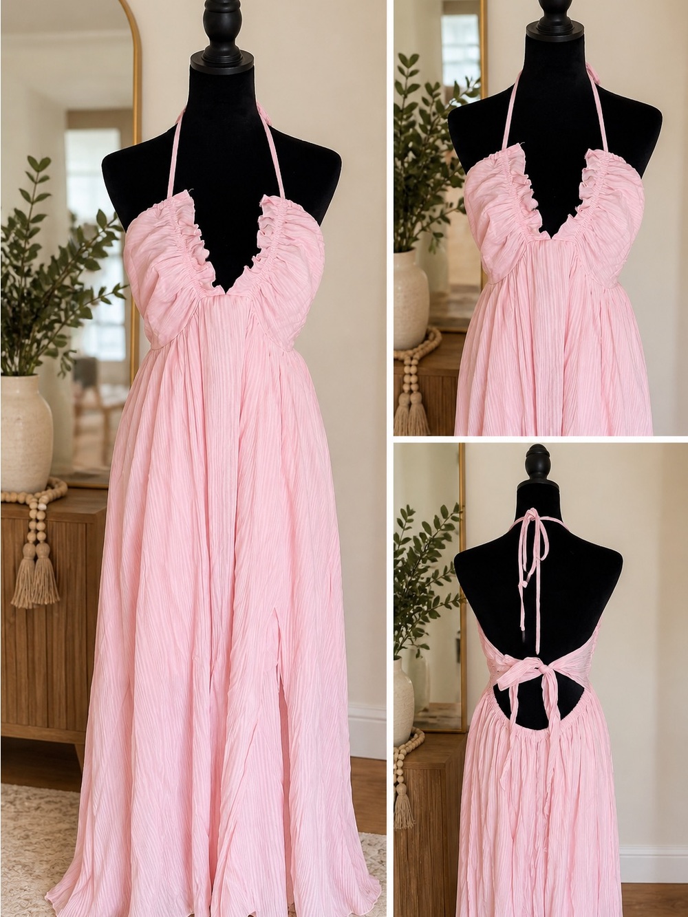 Light Pink Halter Ruffle Maxi Dress